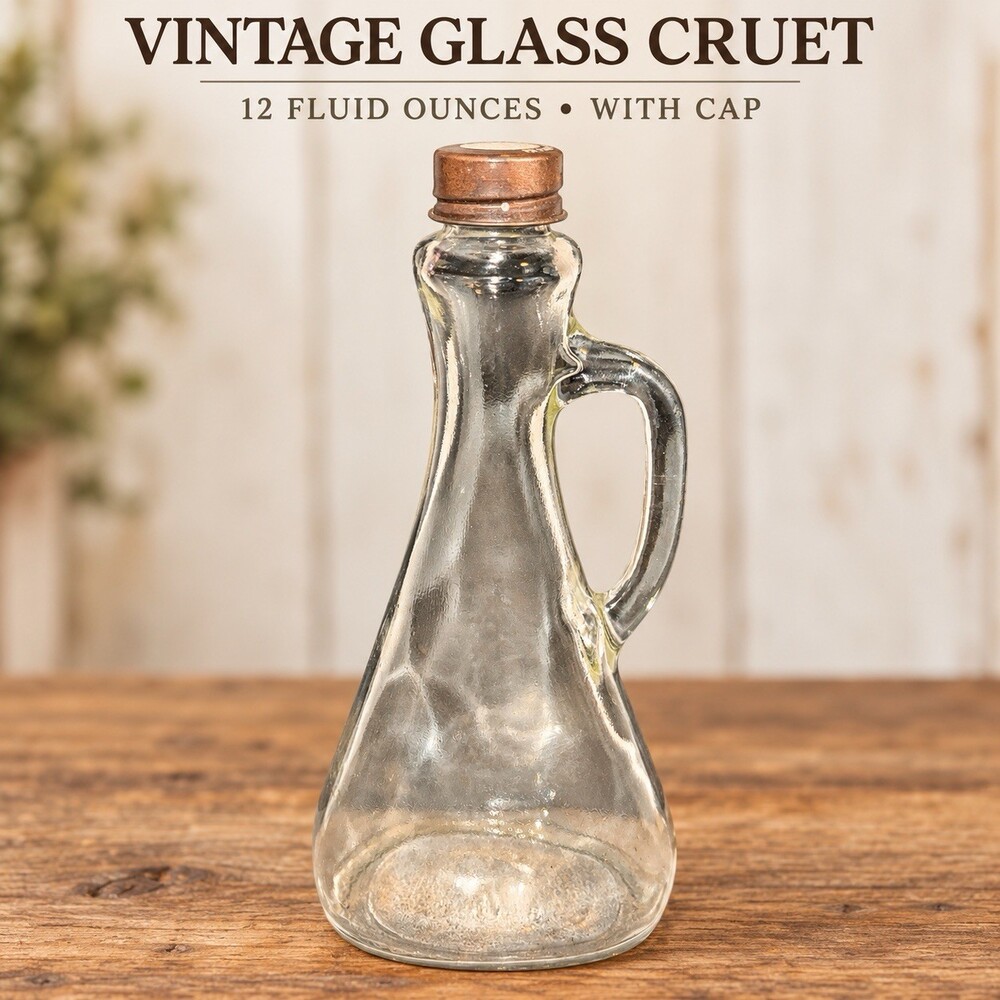 Vintage Clear Glass Cruet Bottle Handle Brown Screw Cap 12 Oz Oil Vinegar 9”